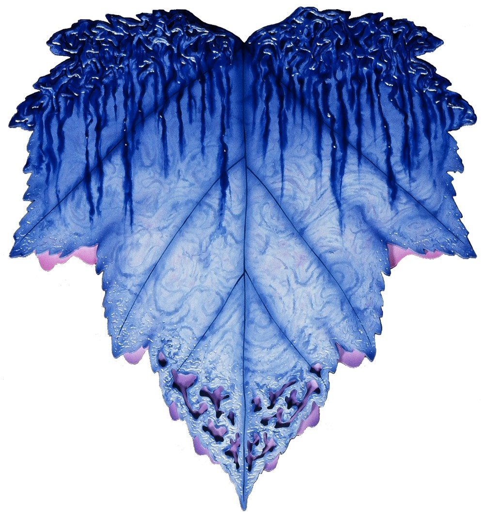 Blue leaves and roots merge into a hanging sculptural form.