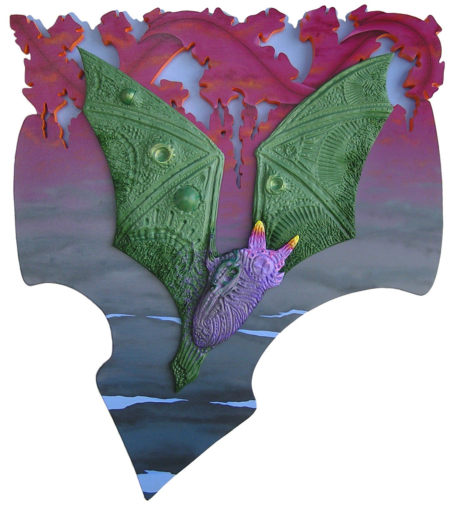Green, bat-like wings spread around a small purple creature over grey water beneath a magenta sky.
