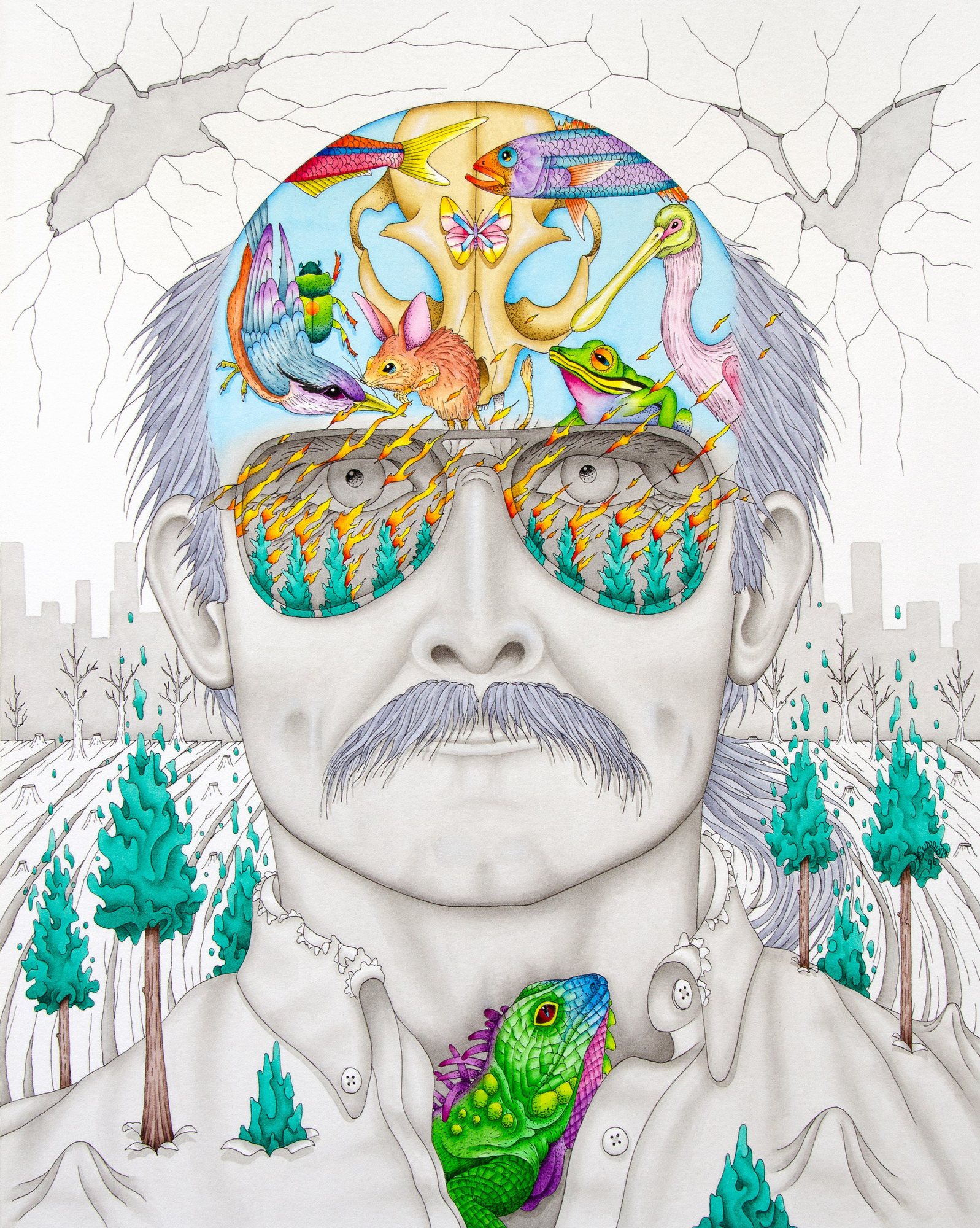 A pencil self-portrait of Nat in glasses and a mustache, a colorful jungle of creatures filling his head and a green lizard at his collar, in a snowy forest.