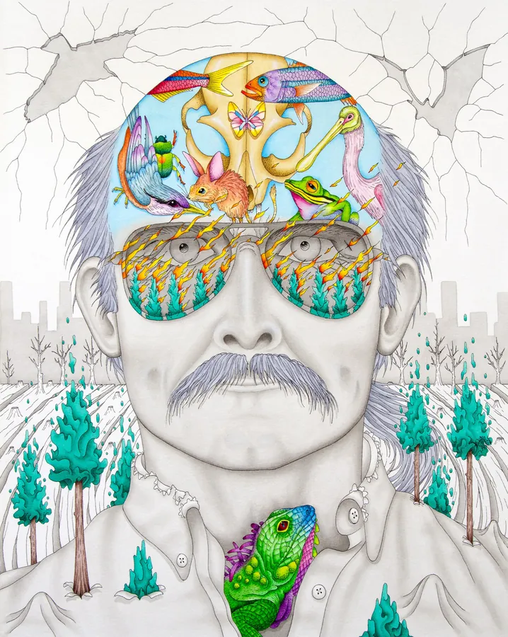 A pencil self-portrait of Nat in glasses and a mustache, a colorful jungle of creatures filling his head and a green lizard at his collar, in a snowy forest.