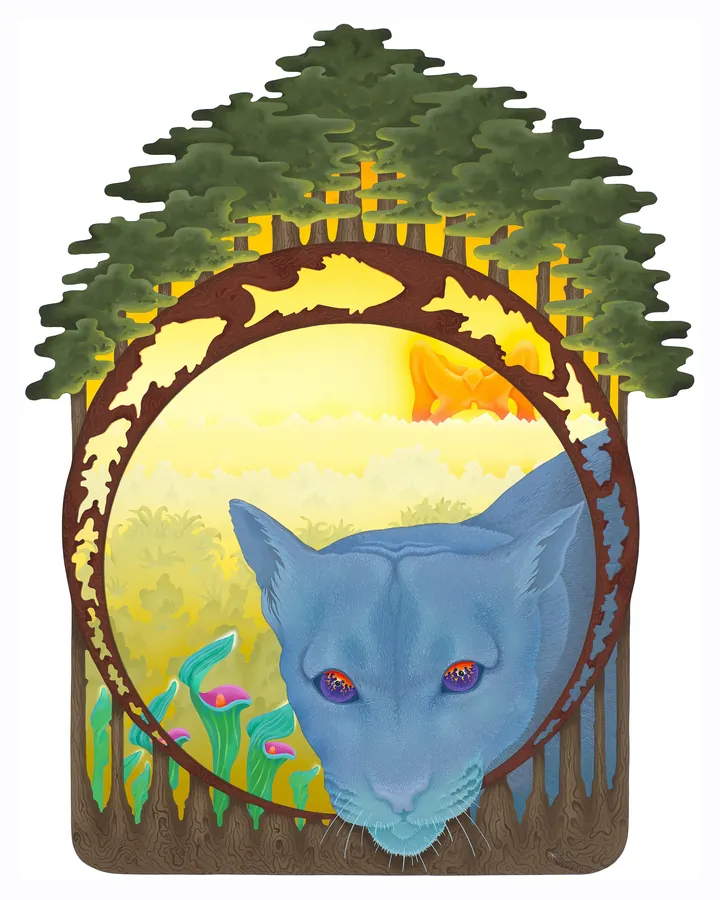 A blue cat framed by a circular forest, beneath a bright yellow sky.