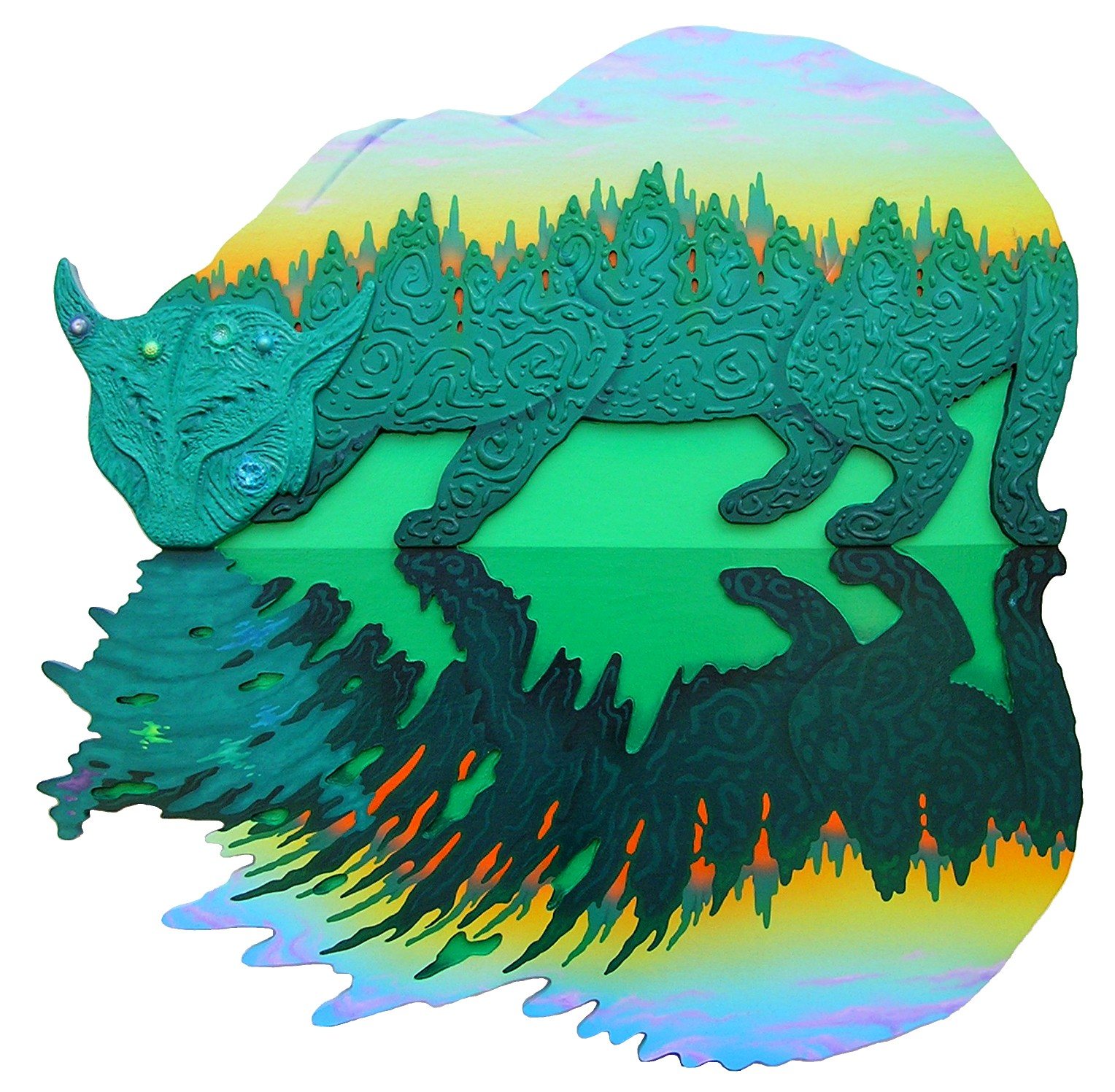 A green feline and a forest landscape reflected into one another.