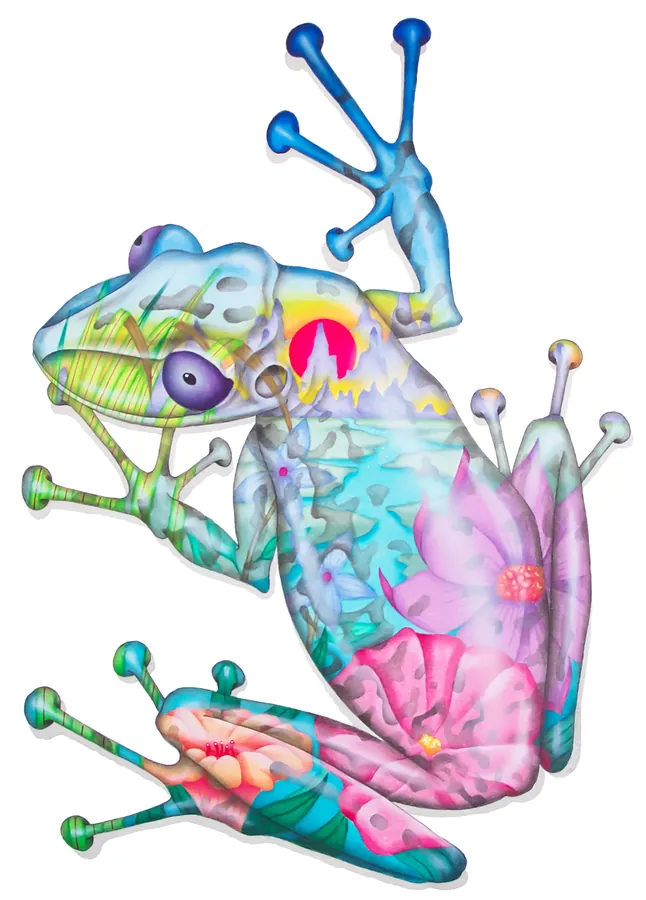 A brilliantly colored frog, its body filled with tiny natural forms.