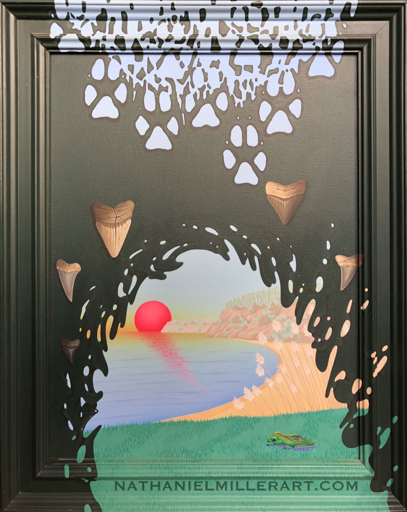 A vivid landscape seen through a dark sculptural frame.